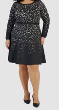 Taylor Women's Black Gray Patterned Long-Sleeve Sweater Dress Plus Size 1X