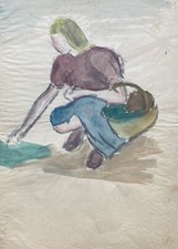 Donna Con Cesto Studio Di Movimento Acquerello Espressivo Anonimo 43 X 30,5 Cm