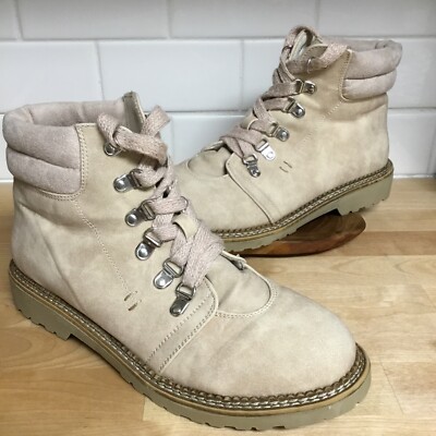 Womens Ankle Boots Sz 10 Ivory Suede Leather Lace Up Combat