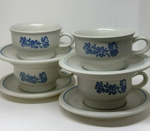 VTG Pfaltzgraff Yorktowne Set of 4 Flat Cups 4 Saucers Kitchen Decor Coffee Tea