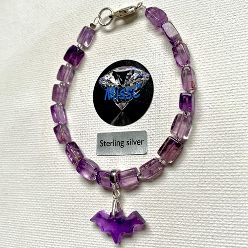 GOTHIC AMETHYST BAT BRACELET, ALL METAL 925 STERLING SILVER AND STAMPED 925 - Picture 4 of 6