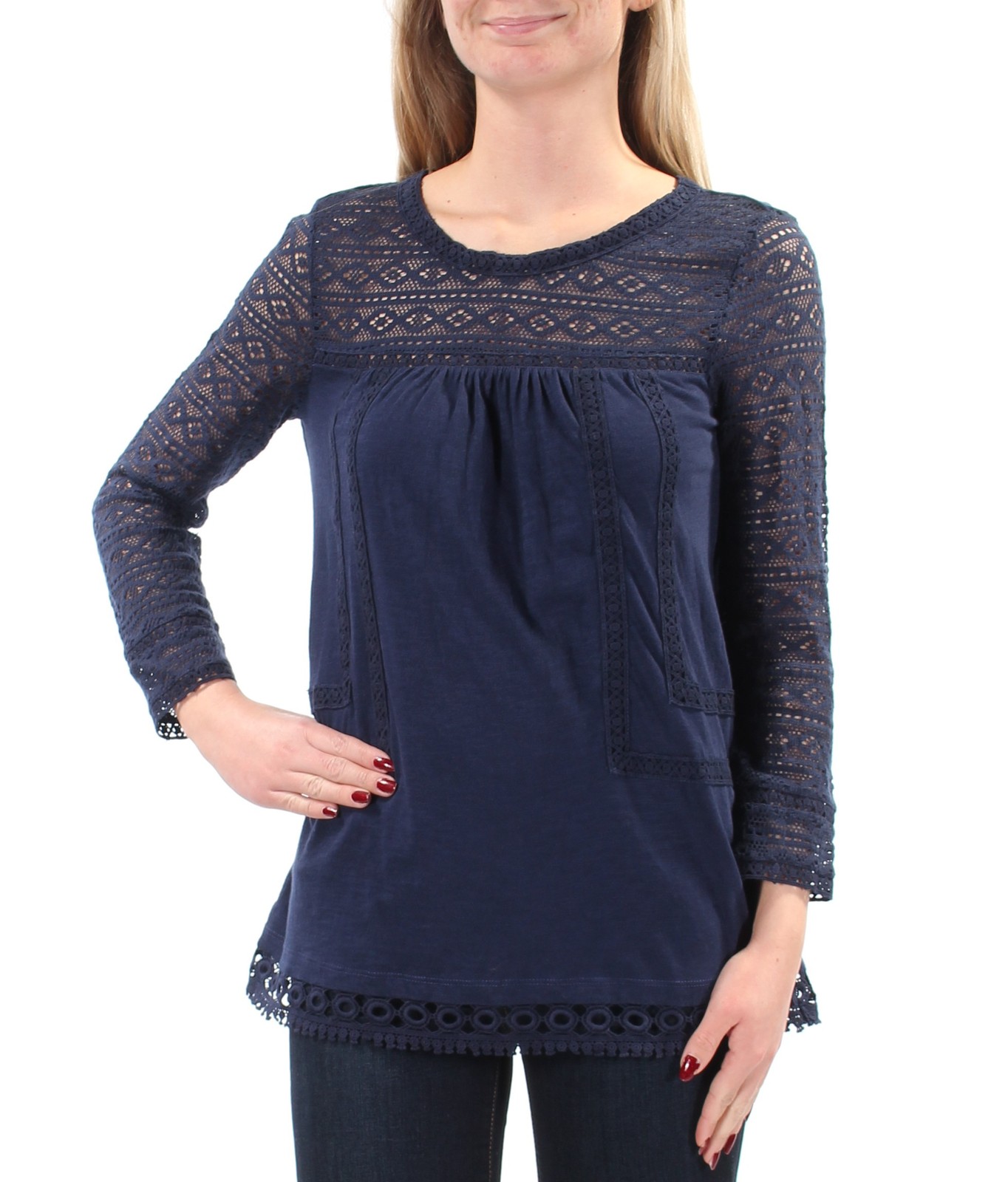Vintage America Blues Womens Navy Lace Long Sleeve Top Size XS