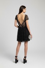 Vtg 80s 90s VICTOR COSTA Dress M POLKA DOT Print PLUNGE LACE Sequin COCKTAIL
