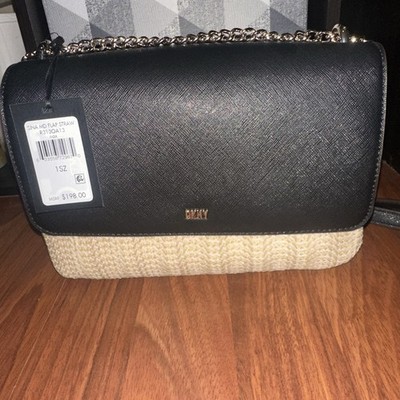 New DKNY Sina MD Flap Leather/Straw Women's Black/Beige Logo Crossbody Bag