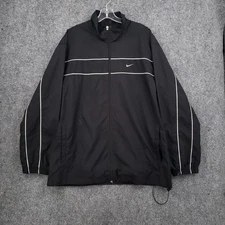 VINTAGE Nike Jacket Mens XL Black Center Swoosh Full Zip Lined Windbreaker Y2K