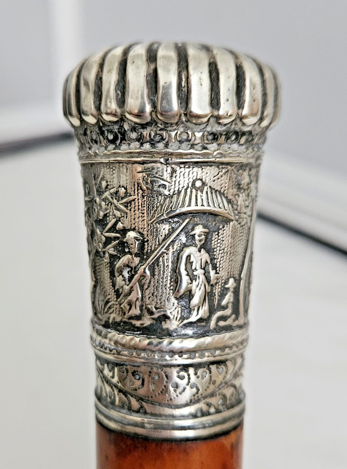 ANTIQUE REPOUSSE SOLID SILVER WALKING STICK DEPIC… - image 2