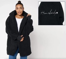By Jill Martin Sherpa Embroidered Hooded Lounger Black Petite M/L A702608
