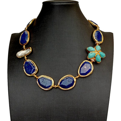 Blue Lapis Turquoise Flower White Biwa Pearl With Electroplated Edge Necklace