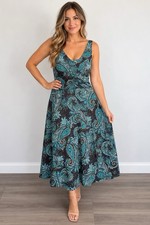 Cato Woman Paisley Maxi Dress Womens 18W Teal Boho Sleeveless Ruched V Neck