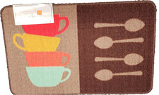 PRINTED KITCHEN RUG nonskid 18" x 30" STACK OF COFFEE CUPS SPOONS, AH