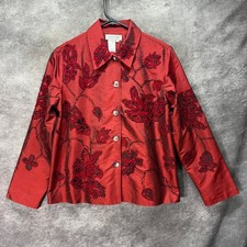 Coldwater Creek Red Silk Floral Embroidered Applique Button Jacket Size PM Artsy