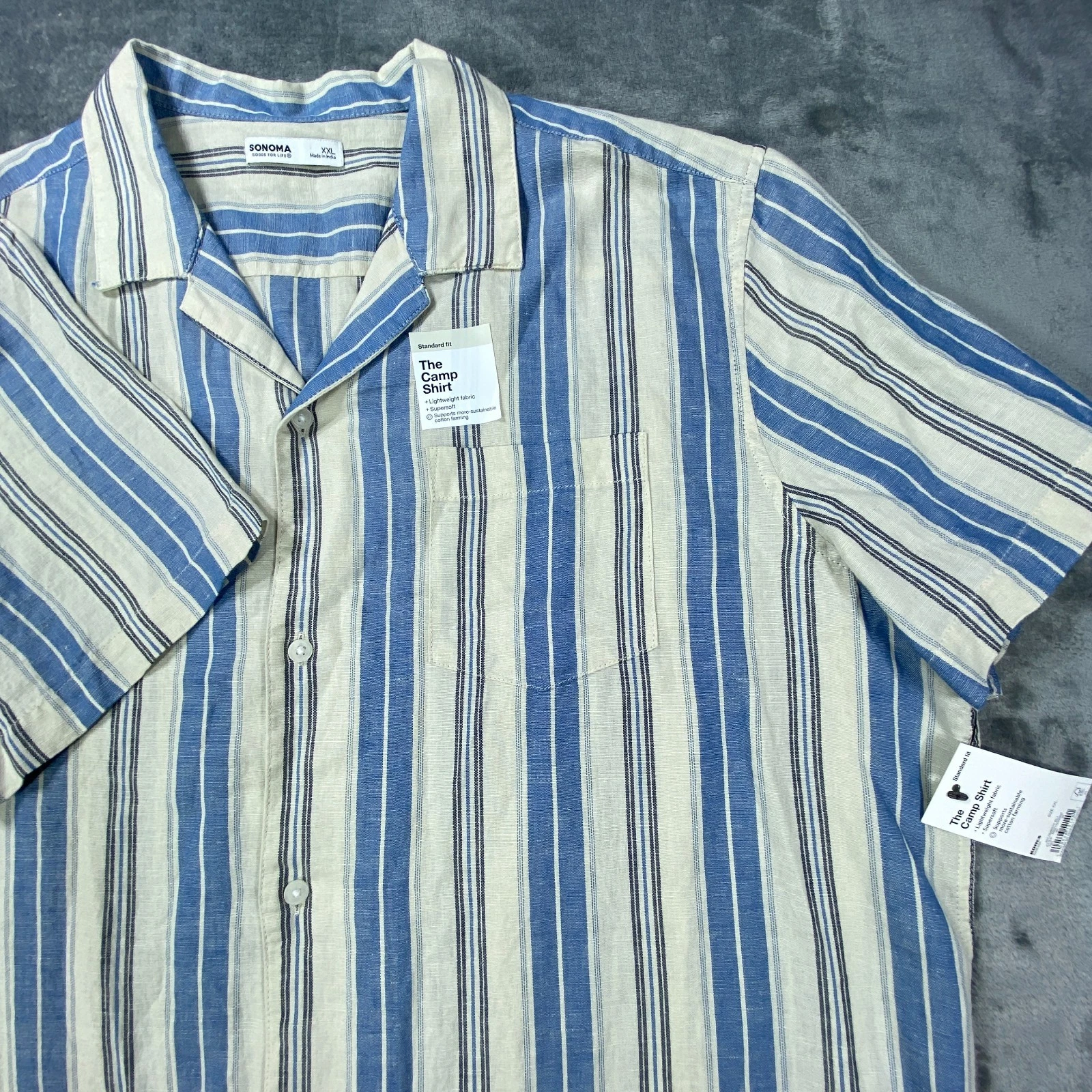 Sonoma Camp Shirt Mens XXL Blue Yellow Striped Linen Blend Travel Preppy Ivy NWT