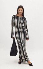 NA-KD Black Beige Striped Jacquard Knit Maxi Dress Long Sleeve Round Neck Size M