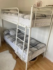 White Painted Metal Single Bunk Bed Frame with Built-In Ladder & Mattresses