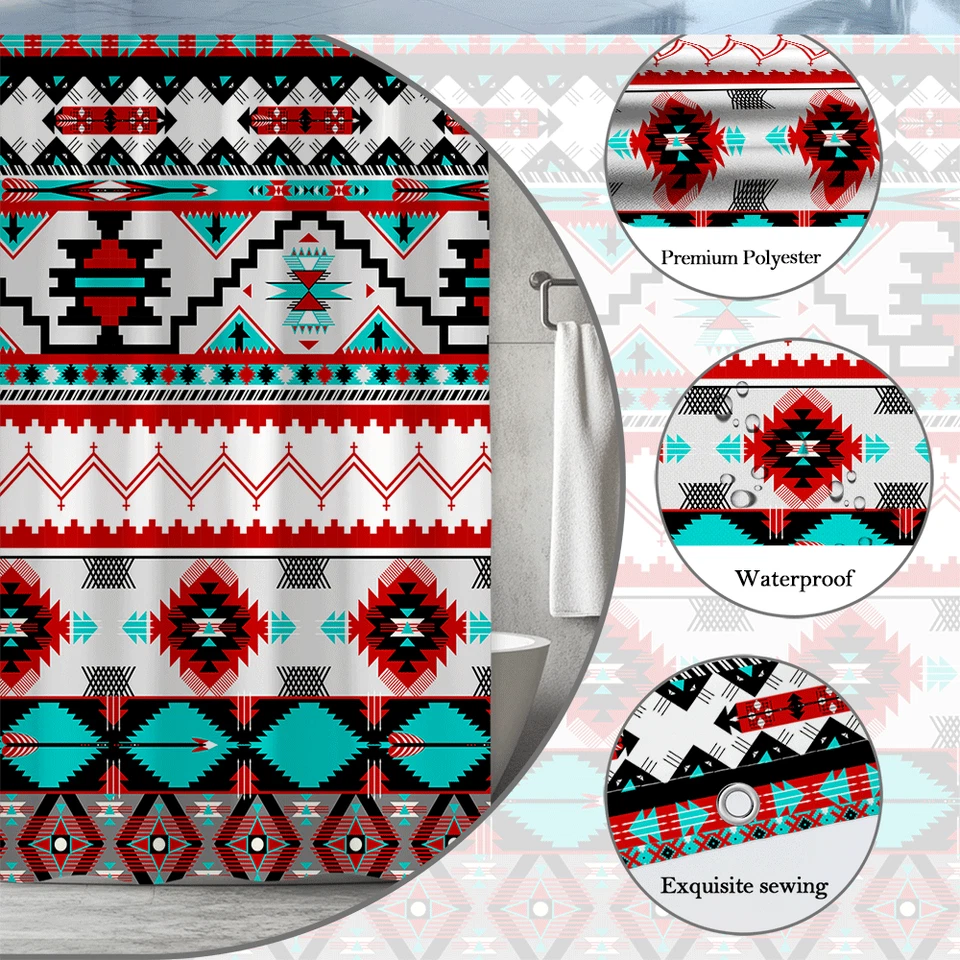 Cortina de ducha azteca del suroeste, patrón geométrico tribal, decoración de baño boho Foto 2 de 4