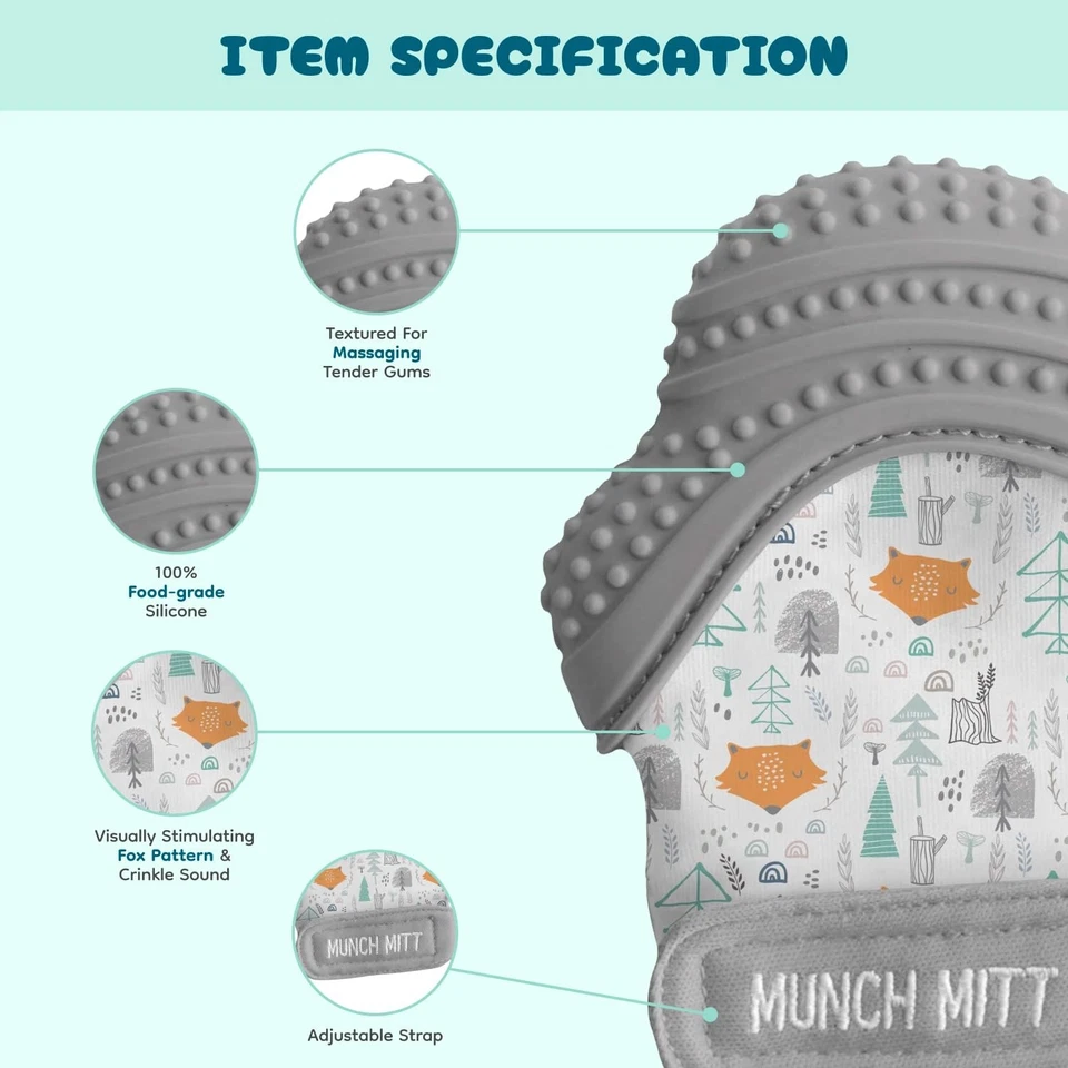 Malarkey Kids Munch Mitt Guante de dentición para bebé Mordedor de silicona Gris 1 unidad Foto 2 de 4