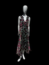 SALONI Rita Dress Seagreen Cloudy Rose Floral Midi Sz 2 Ruffles Flowy Silk Sexy