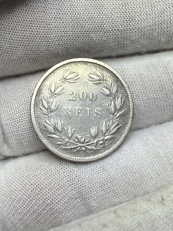 PORTUGAL 200 REIS 1855 SILVER RULER PEDRO V KM 491 U49 - Image 2 of 2