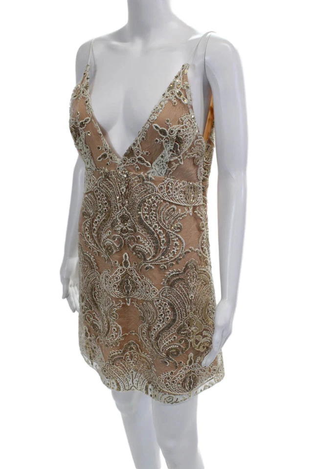 Free People Womens Side Zip V Neck Embroidered Sequin Dress Brown Size 4 - Image 2 of 4