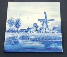 1 Blue Blauw Delft Hand Painted Tiles Trivet Windmill Boat 6” Holland Free S&H