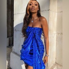 House of CB Gisele strapless royal blue sequin dress in size XS or 2-4. NWT