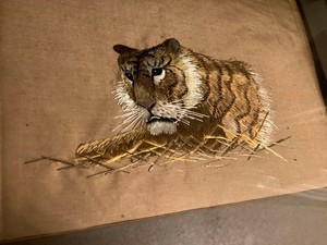 ANTIQUE ORIENTAL SILK FRAMED EMBROIDERY OF A TIGER