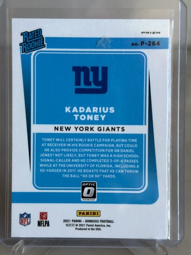 2021 Donruss Rated Rookie Kadarius Toney Silver Prizm Rookie Card, #P-264 Giants - Picture 2 of 2