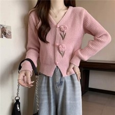 Lady Knitted Top Coat Cardigan Sweater Ethnic Crochet 3D Flower Jacket Casual