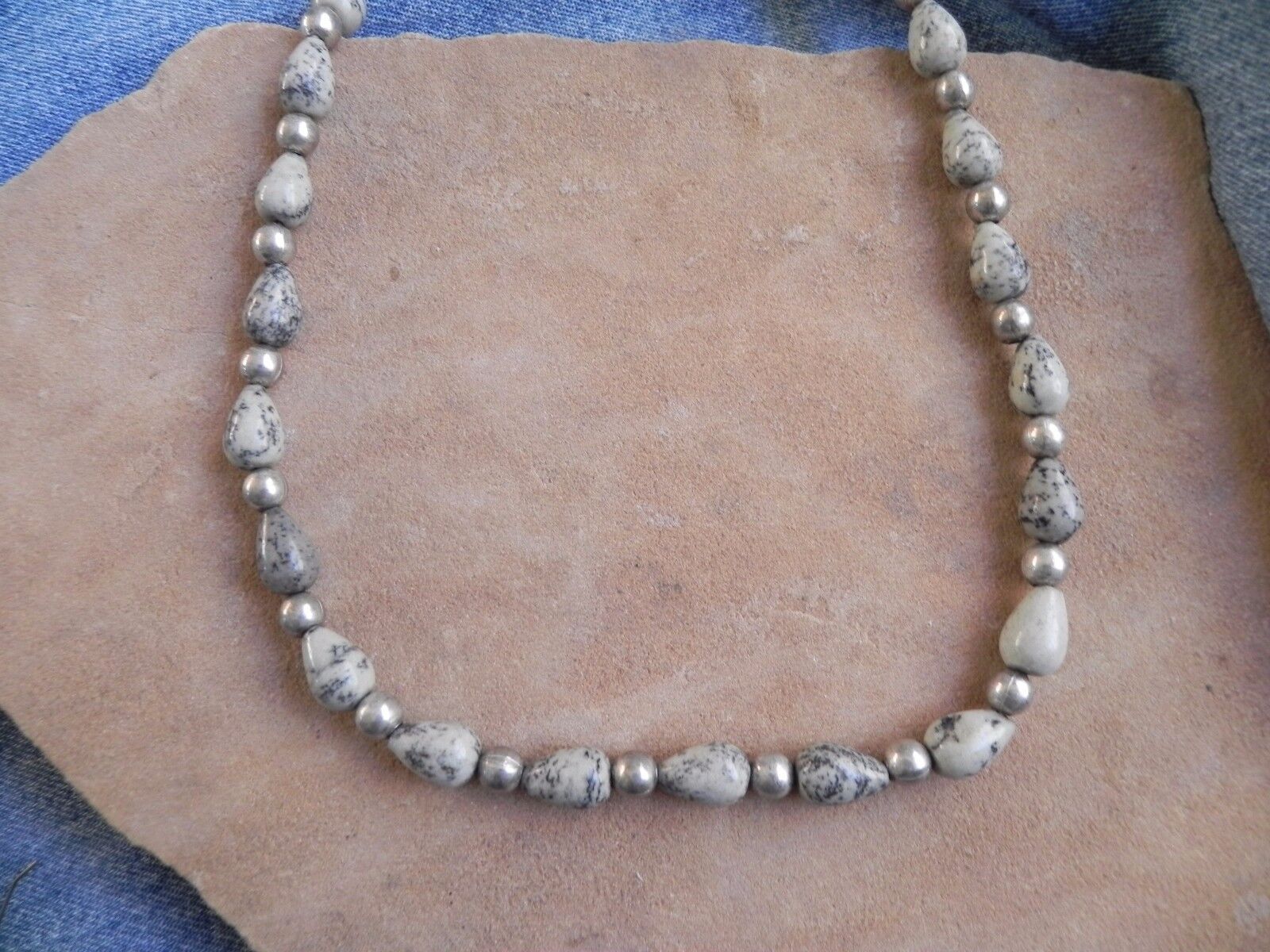 Beige w/ Black Agate or Jasper beads w Silver Bea… - image 1
