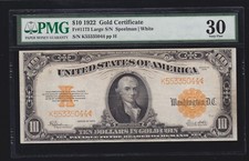 US 1922 $10 Gold Certificate FR 1173 PMG 30 Ch VF (044)