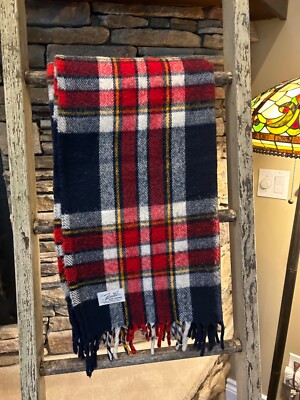 Vintage Faribo Fluff Loomed Woolen Blanket Blue Red Yellow Plaid Fringe 60 x 53