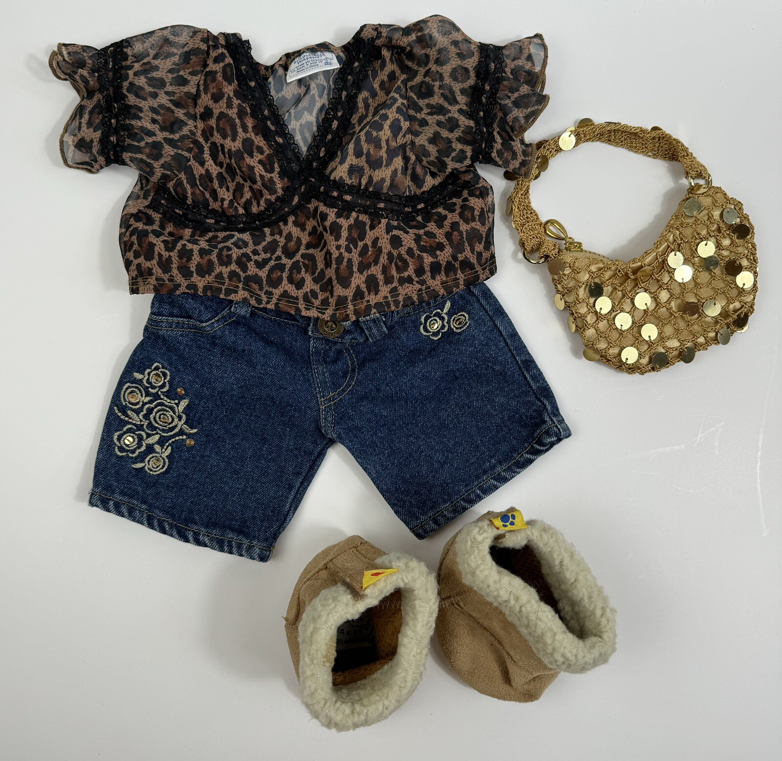 Build A Bear BAB Leopard Shirt Embroidered Pants Boots And Gold Purse