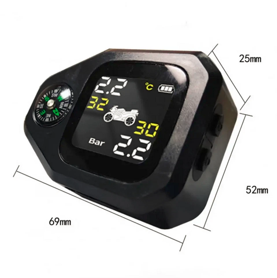 2 External Sensors Motorcycle Tire Pressure Sensors Monitoring System W/Compass - Image 2 of 4