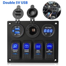 4 Gang Blue Led Rocker Switch Panel Circuit Breaker Waterproof Car Marine Boat B