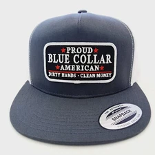 Proud Blue Collar American Embroidered Patch Flat Bill Mesh Snapback Cap Hat