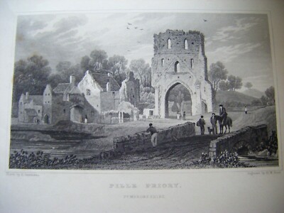 1830 antiker Druck Pille Priorat, Pembrokeshire - Gastineau