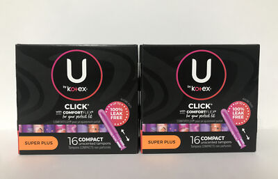 (2) U By Kotex Click Compact Tampons-Super Plus Absorbency-Unscented-16ct. Each