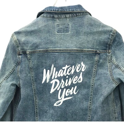 Denim Jacket ''Whatever Drives You'' Motivation Button Stoli Trucker Size Small