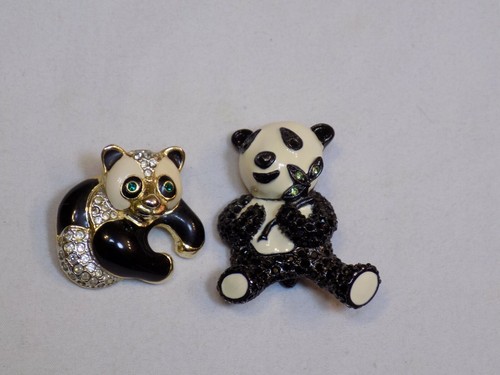 Panda Bear Rhinestones Pin Vintage Old Metal Set 2 Lot Black White AS IS Brooch