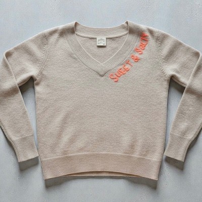 Cashmere Golden Sun Sweater Beige V Neck Sweet & Salty Embroidered Size Small