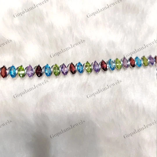 Multi Gemstone Garnet Peridot Amethyst Topaz Tennis Bracelet Sterling Silver