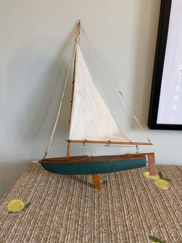 Vintage Handmade Wooden Sailboat Green Hull Nautical Folk Art Model Sloop 19”