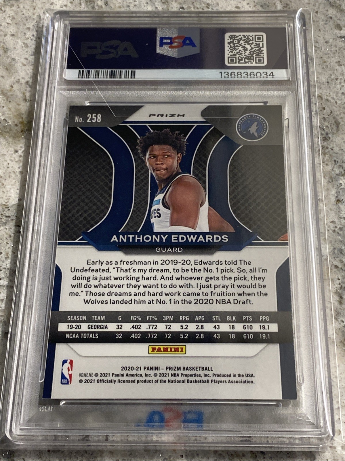 2020 Prizm Silver #258 Anthony Edwards Signed RC Blue Paint AUTO PSA DNA Auth view 5
