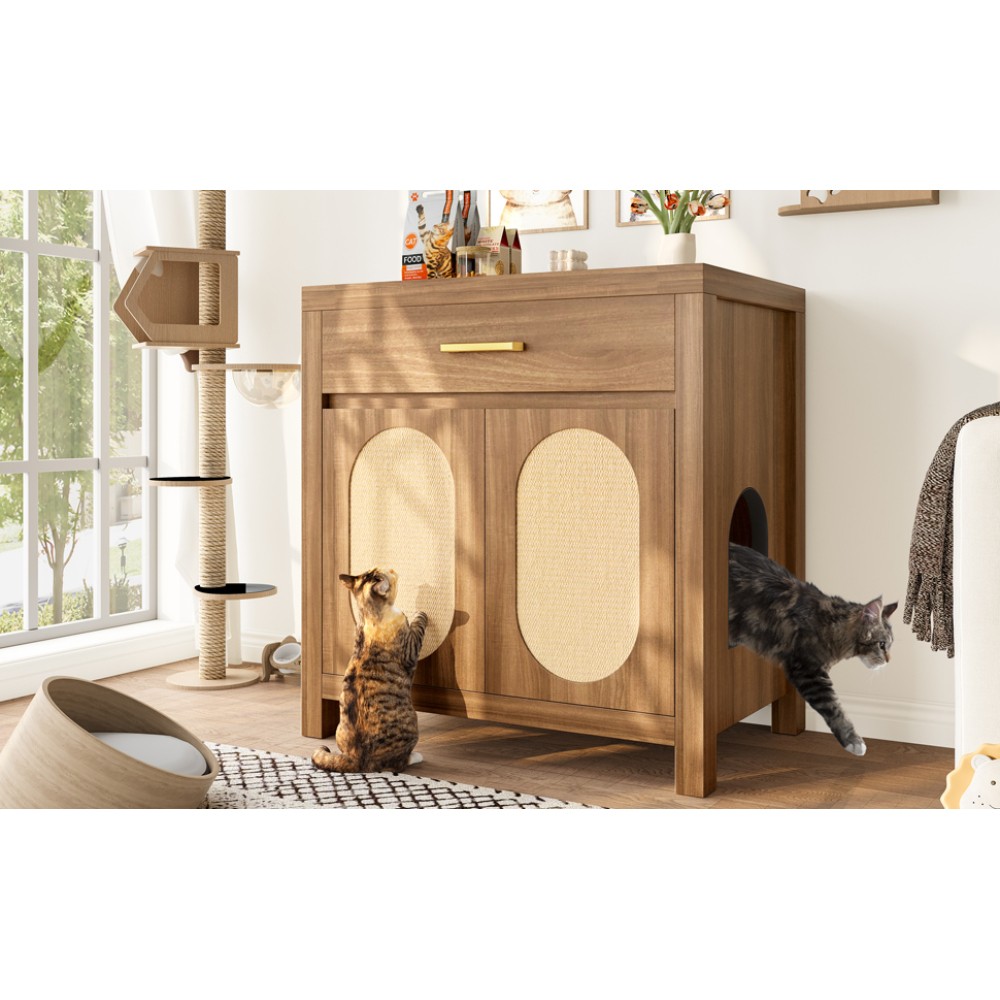 Cat Litter Box Enclosure Furniture with Storage Drawer Scratching Board Espresso