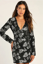 Lulus Black and Silver Floral Jacquard Mini Dress Medium NWT