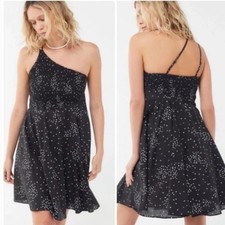 Urban Outfitters Black One-Shoulder Strappy Back Smocked Mini Dress  Size S E3