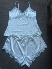 Ladies Blue Floral Silk effect Strappy Camisole & Shorts size S/M