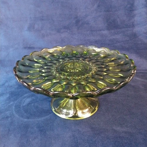 Vtg Retro Avocado Green Anchor Hocking Fairfield Pedestal Cake Plate 10” 1970s