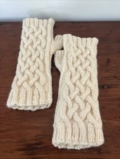 Handmade Hand Knit Chunky Cable Ribbed Cream Wool Fingerless Gloves One Size