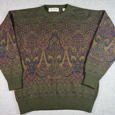 Vintage John Ashford Geometric Brown Green Acrylic Wool Sweater Italy Large 90s